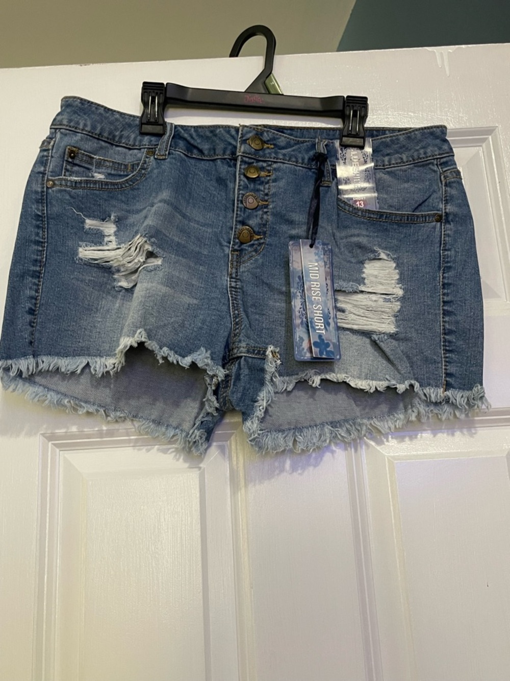 Blue Spice Distressed Button-Front Denim Shorts - Blue